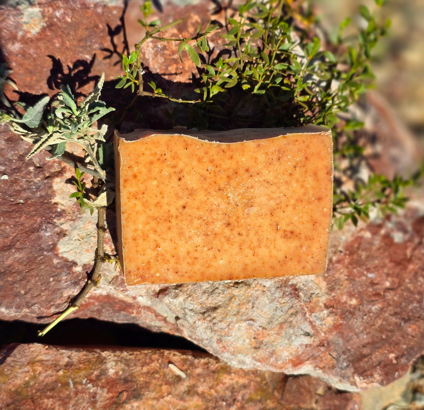 Unlabeled bar of turmeric with goatmilk soap.
