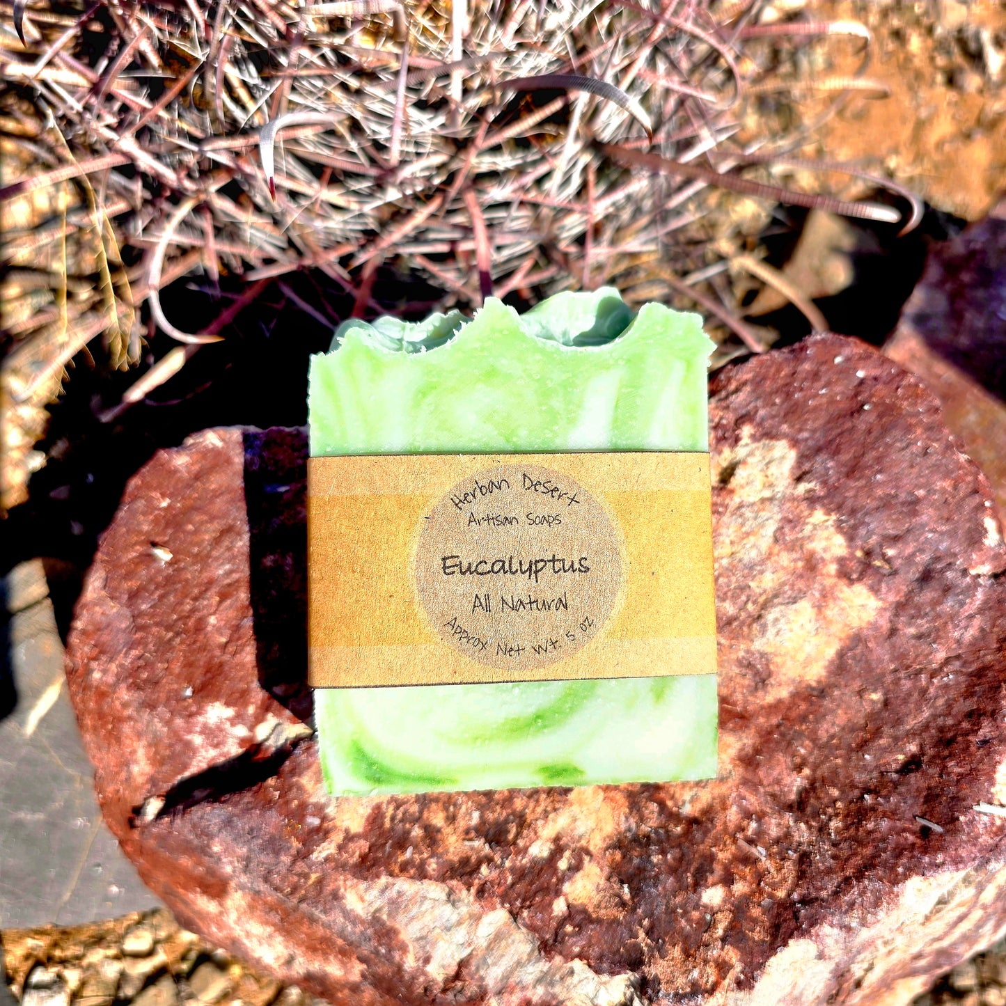 Handmade tallow soap bar featuring eucalyptus essential oils, crafted with grass-fed beef tallow, shea butter, and olive oil for deep hydration and gentle cleansing.