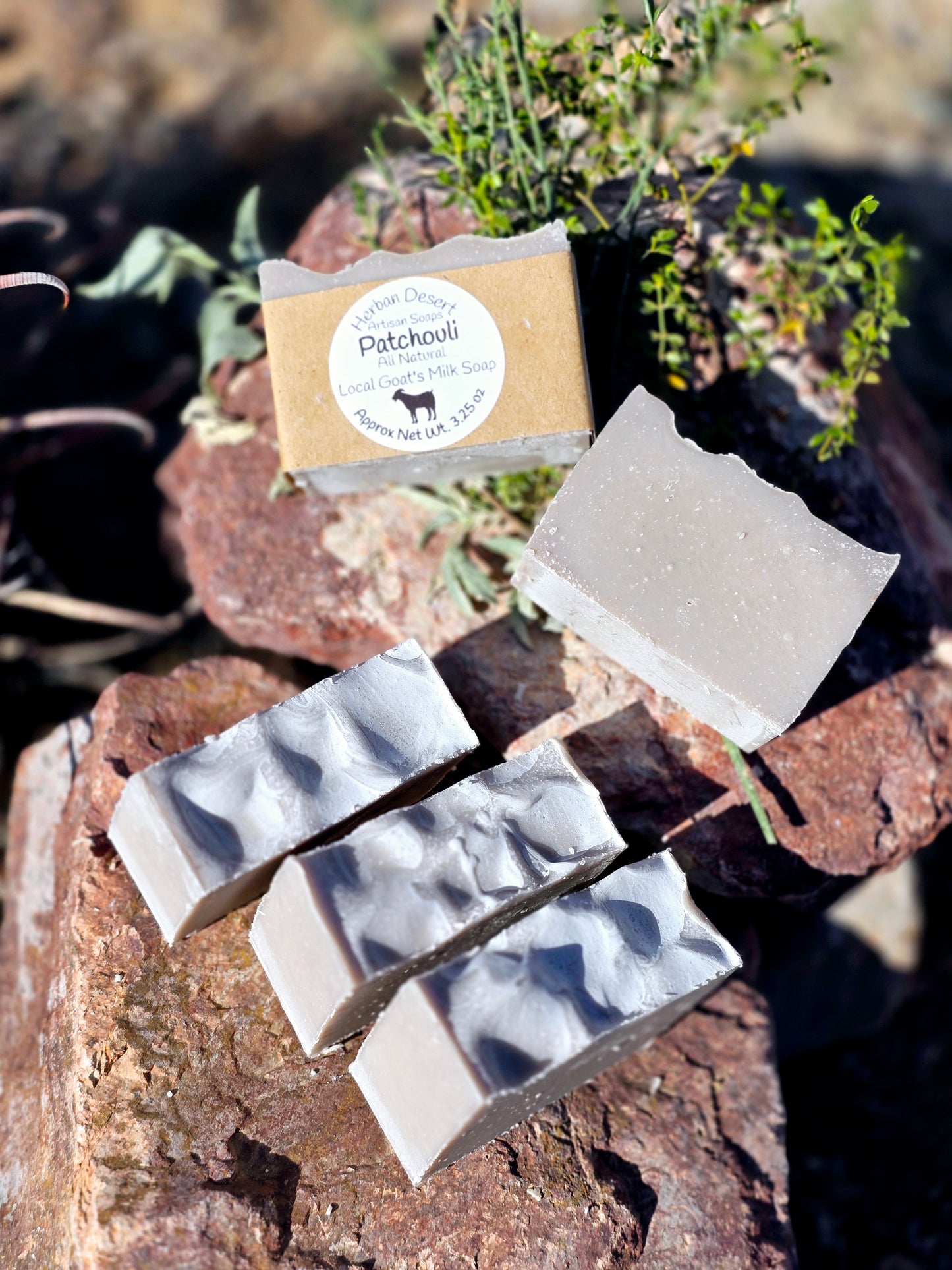 Handmade goat milk soap bar infused with patchouli essential oil, crafted with grass-fed beef tallow, organic shea butter, and avocado oil for deep hydration and gentle cleansing.