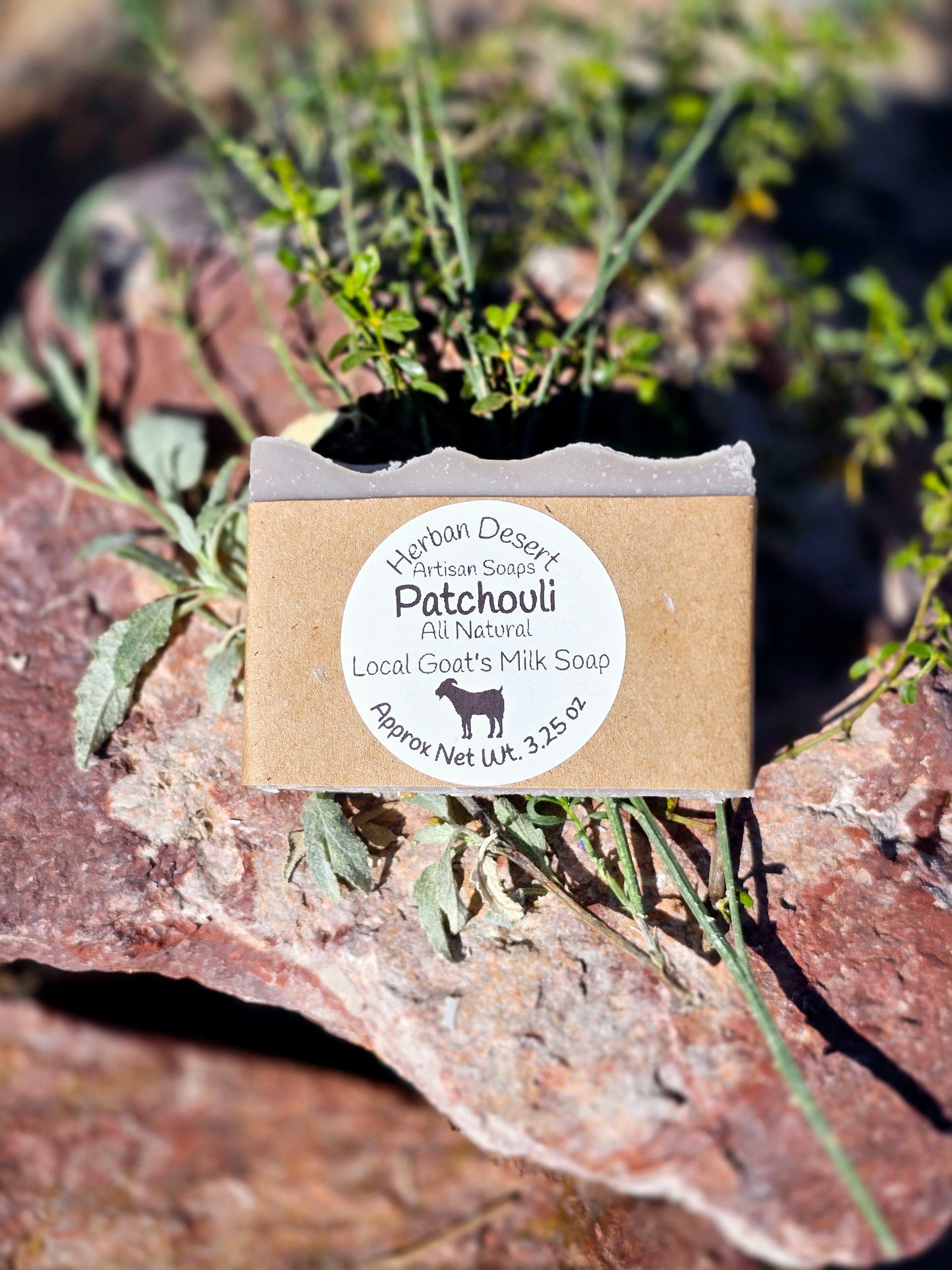 Handmade goat milk soap bar infused with patchouli essential oil, crafted with grass-fed beef tallow, organic shea butter, and avocado oil for deep hydration and gentle cleansing.