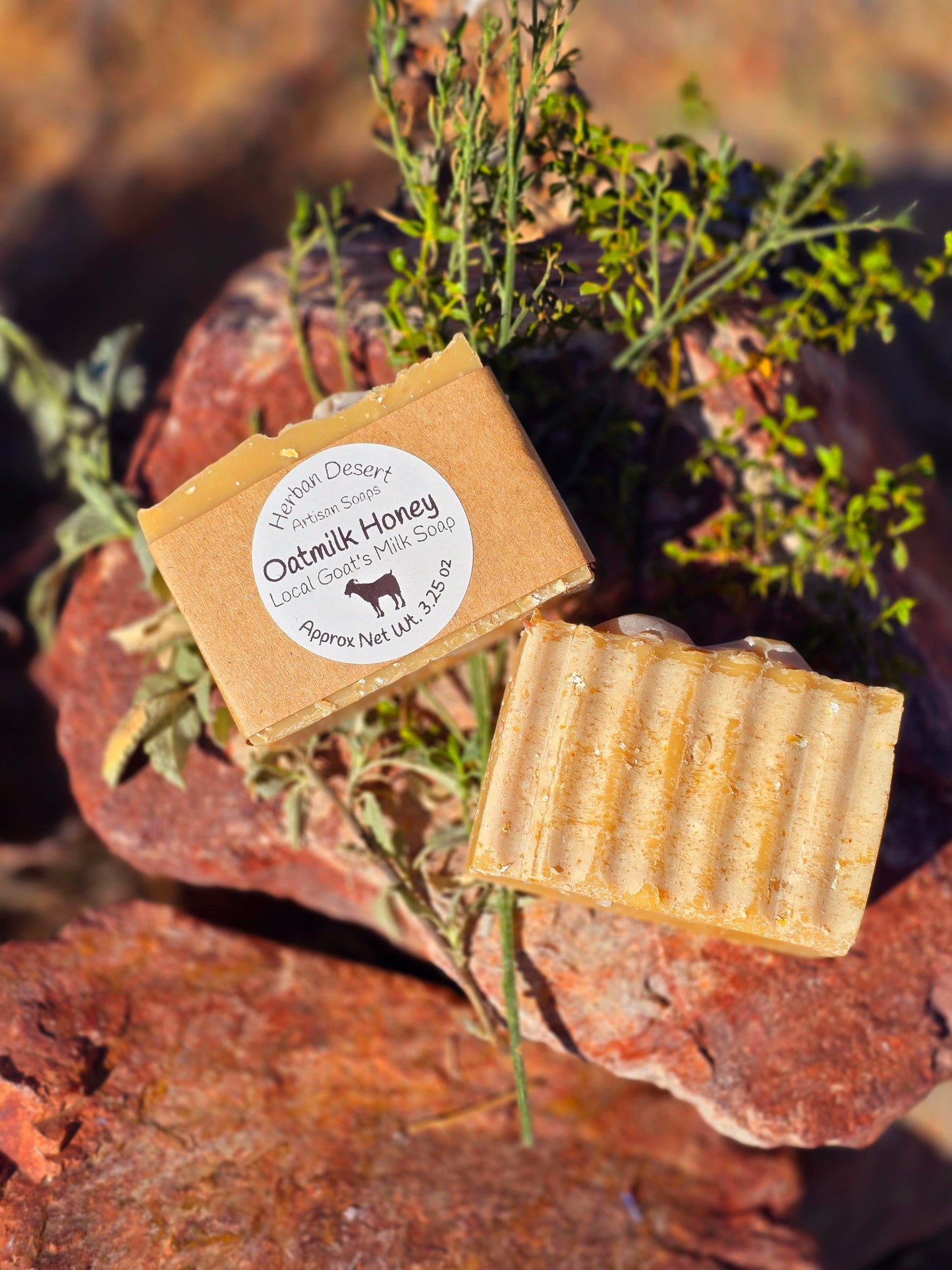 Handmade goat milk soap bar infused with oatmilk and honey fragrance, crafted with grass-fed beef tallow, organic shea butter, and avocado oil for deep hydration and gentle cleansing.