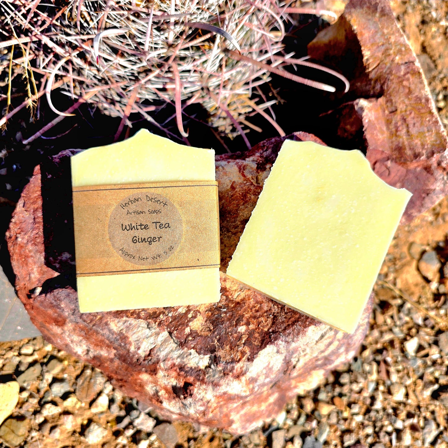 Handmade tallow soap bar infused with white tea and ginger fragrance, crafted with grass-fed beef tallow, olive oil, and shea butter for deep hydration and a creamy lather.