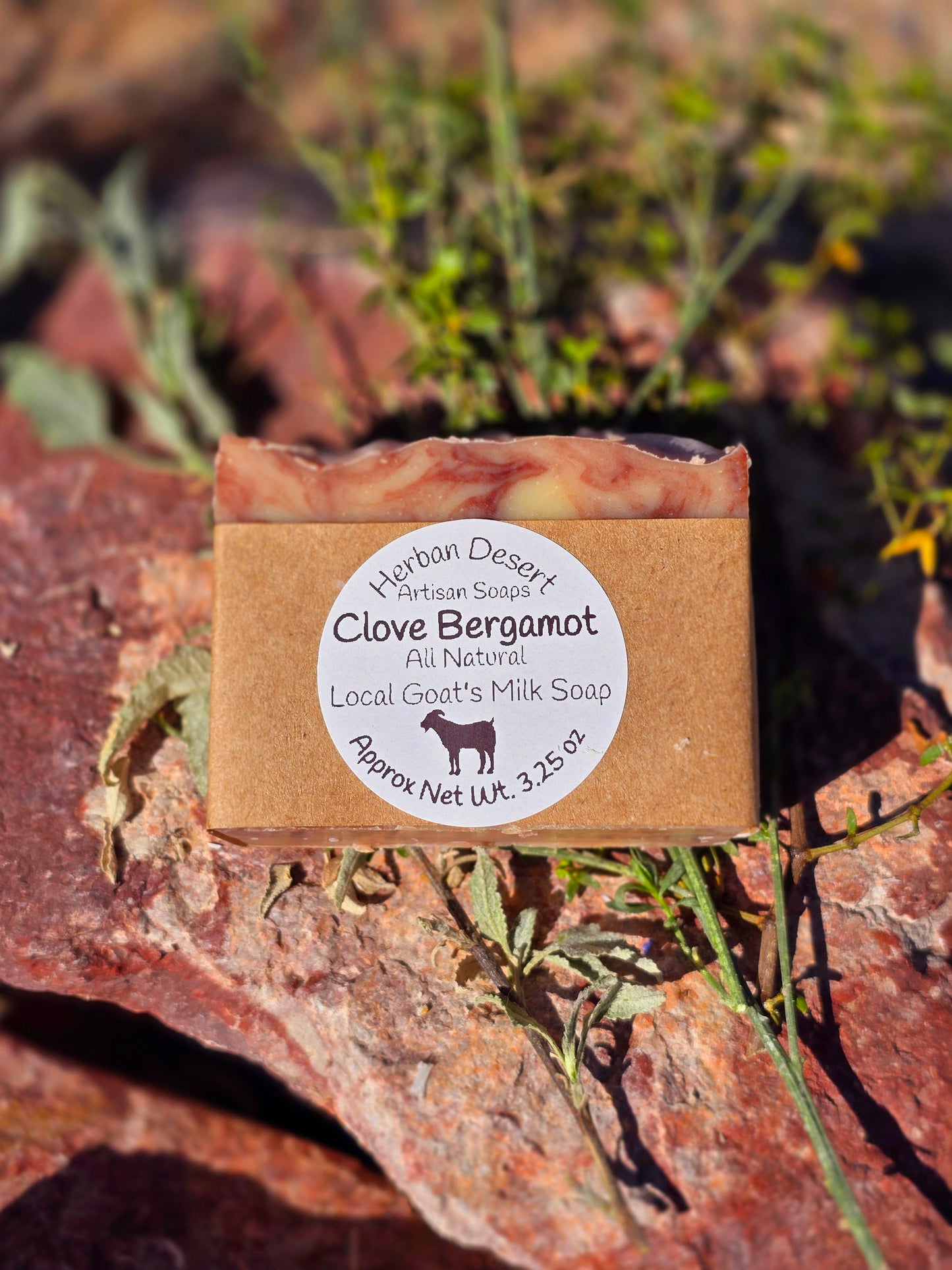 Handmade goat milk soap bar infused with clove and bergamot essential oils, crafted with grass-fed beef tallow, organic shea butter, and avocado oil for deep hydration and gentle cleansing.