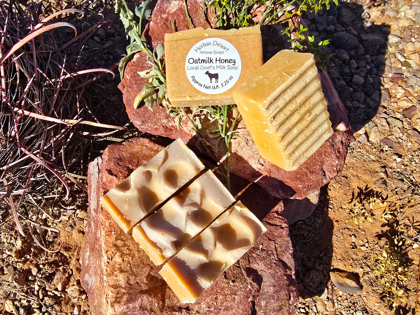 Handmade goat milk soap bar infused with oat milk and honey fragrance, crafted with grass-fed beef tallow, organic shea butter, and avocado oil for deep hydration and gentle cleansing.