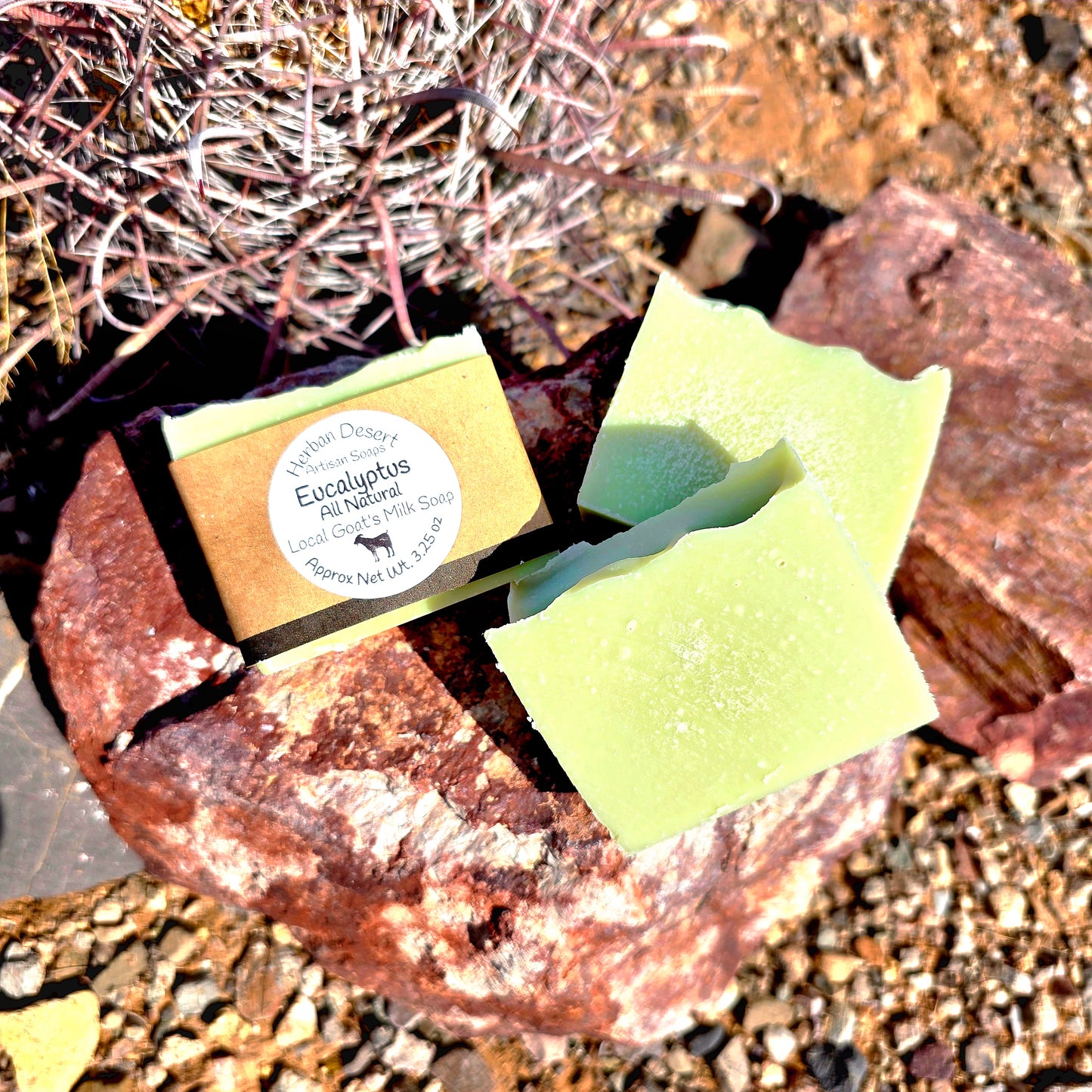 Handmade goat milk soap bar infused with eucalyptus essential oil, crafted with grass-fed beef tallow, organic shea butter, and avocado oil for deep hydration and gentle cleansing.