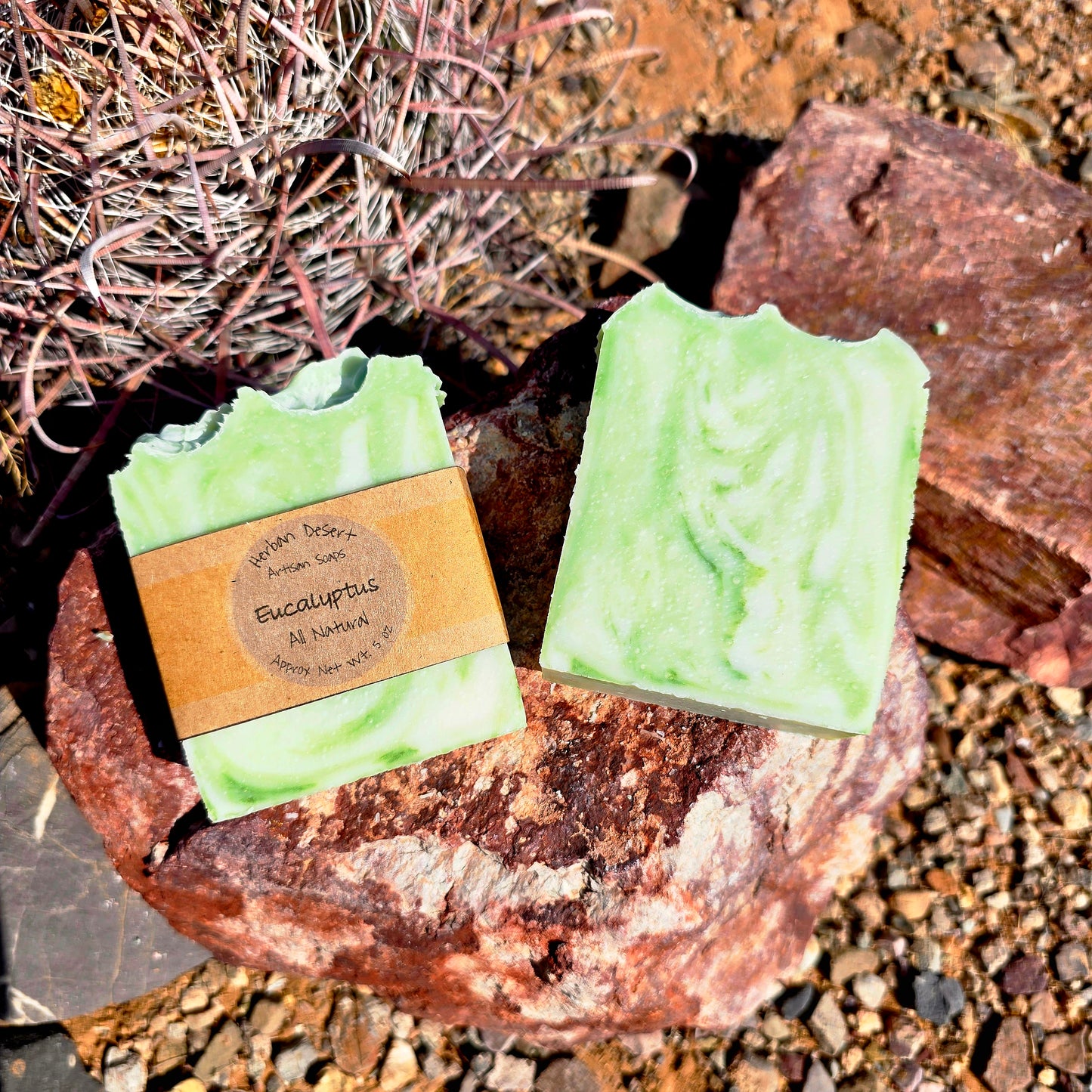 Handmade tallow soap bar featuring eucalyptus essential oil, crafted with grass-fed beef tallow, shea butter, and olive oil for deep hydration and gentle cleansing.