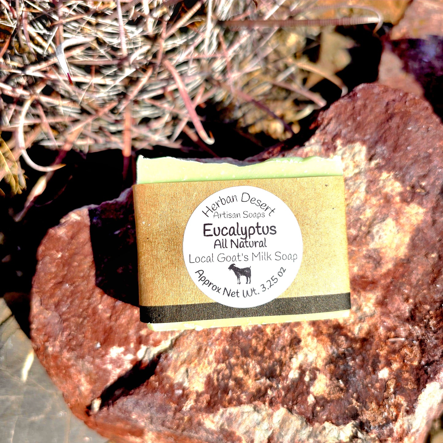 Handmade goat milk soap bar infused with eucalyptus essential oil, crafted with grass-fed beef tallow, organic shea butter, and avocado oil for deep hydration and gentle cleansing.