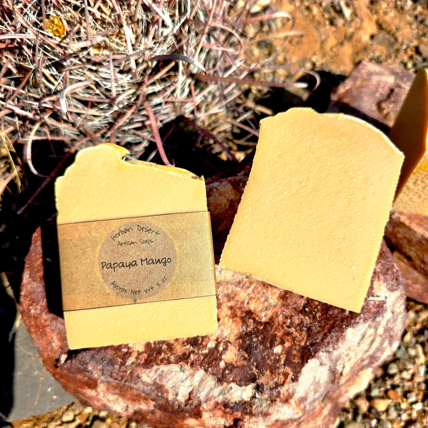 Handmade tallow soap bar featuring a papaya mango fragrance, crafted with grass-fed beef tallow, shea butter, and olive oil for deep hydration and gentle cleansing.
