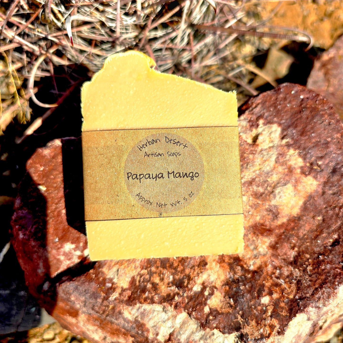 Handmade tallow soap bar featuring a papaya mango fragrance, crafted with grass-fed beef tallow, shea butter, and olive oil for deep hydration and gentle cleansing.