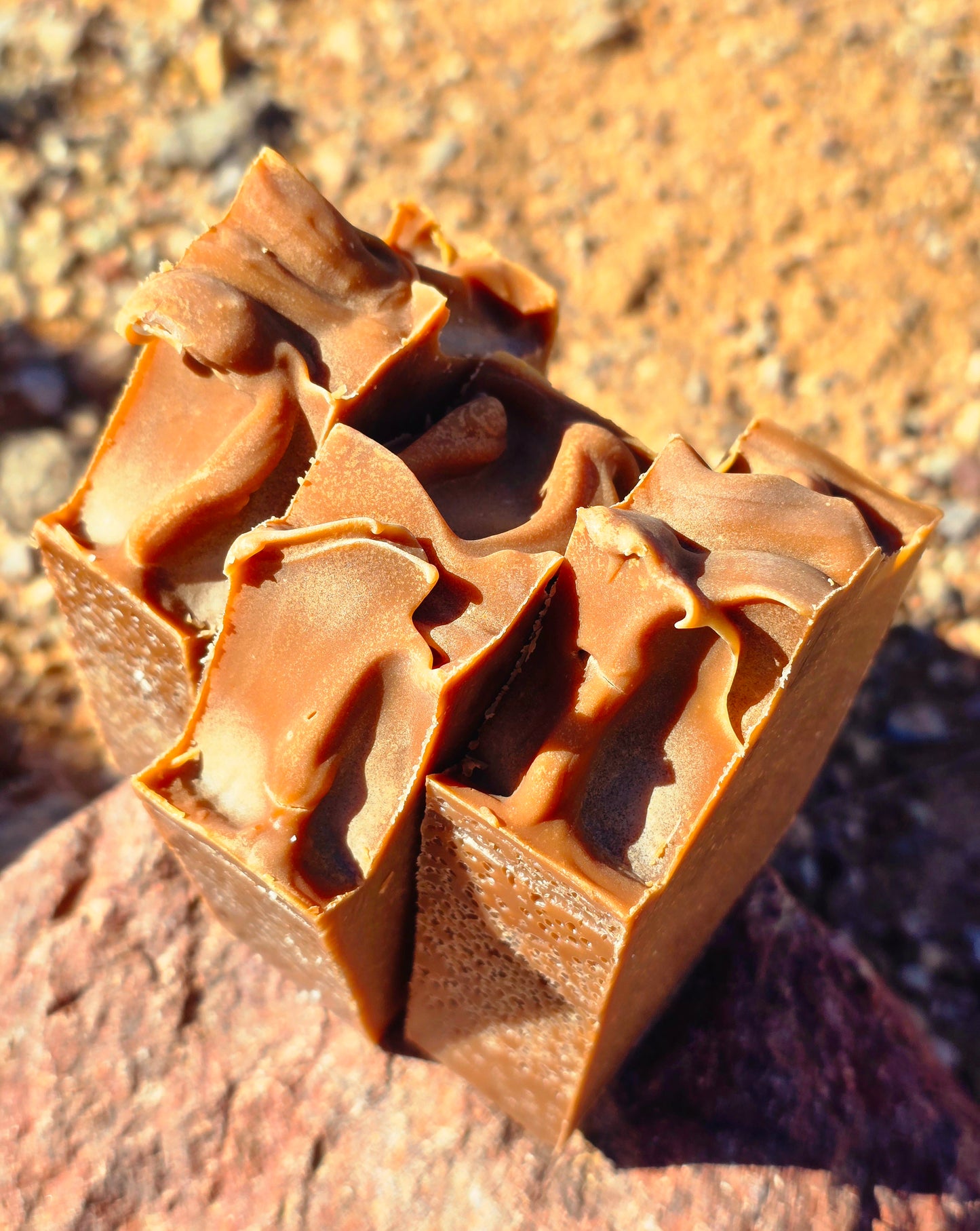 Handmade tallow soap bar featuring sandalwood and vanilla fragrance, crafted with grass-fed beef tallow, shea butter, and olive oil for deep hydration and gentle cleansing.