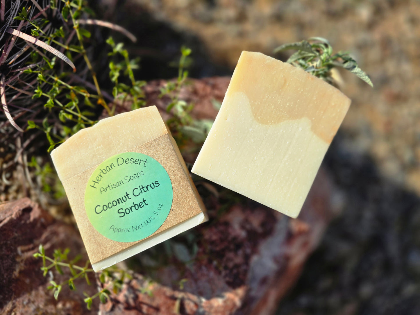 Handmade lard-based soap bar featuring a vibrant orange hue, infused with a tropical coconut and citrus fragrance, crafted with moisturizing oils for a creamy lather.