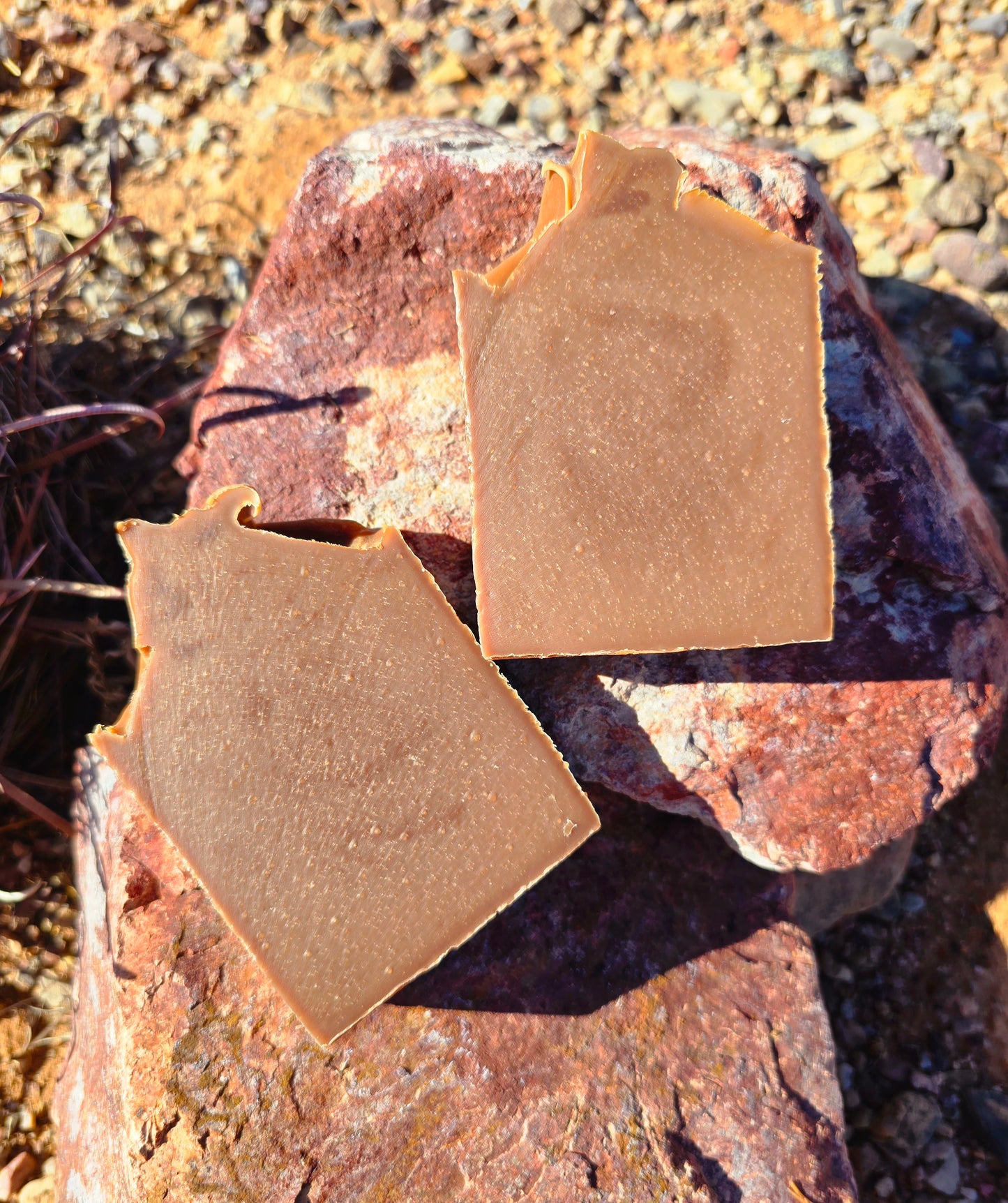 Handmade tallow soap bar featuring sandalwood and vanilla fragrance, crafted with grass-fed beef tallow, shea butter, and olive oil for deep hydration and gentle cleansing.