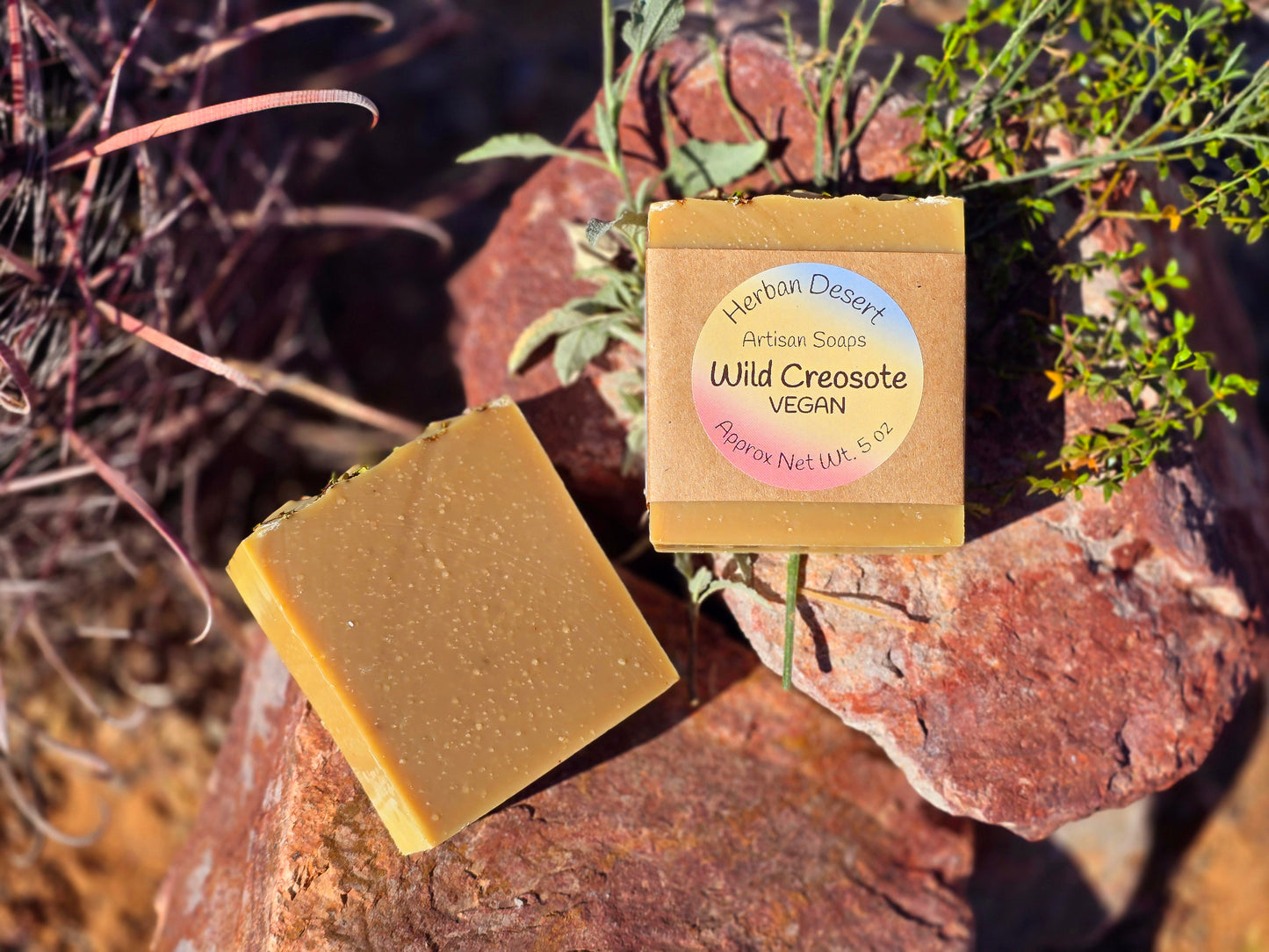 Handmade creosote soap bar infused with wildcrafted creosote leaves, offering a refreshing desert rain scent and natural skin benefits.