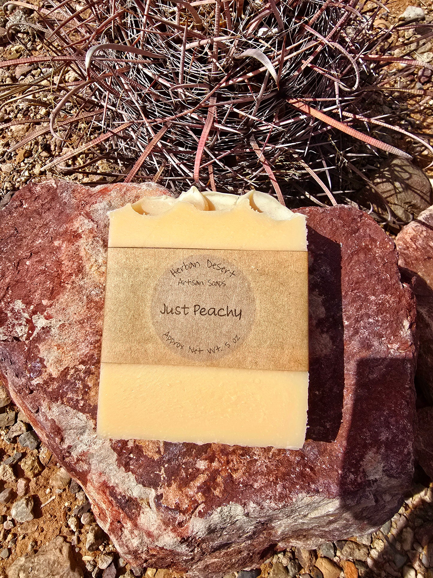 Handmade tallow soap bar featuring a fresh peach scent, crafted with grass-fed beef tallow, shea butter, and olive oil for deep hydration and gentle cleansing.