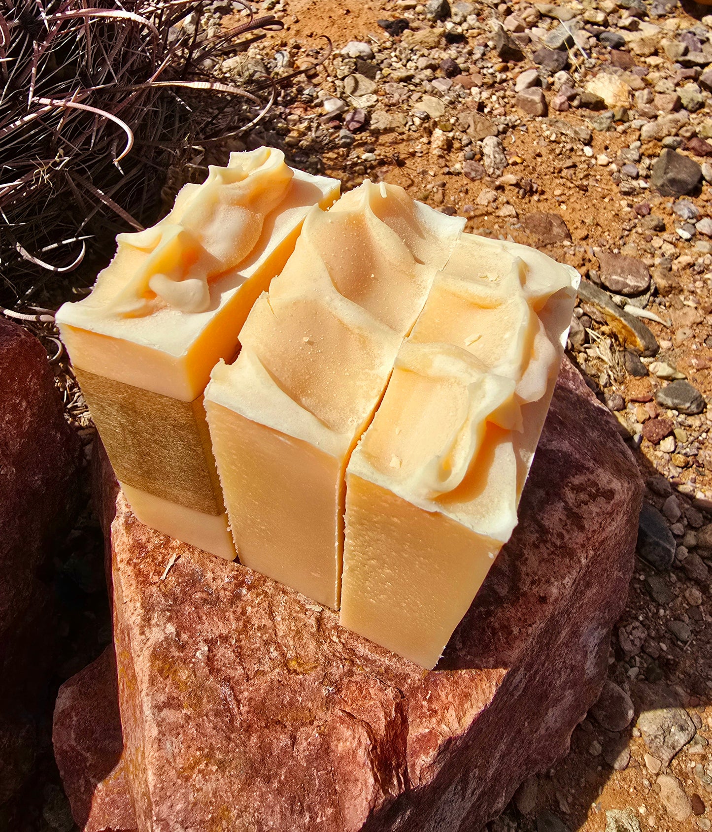 Three handmade tallow soap bars featuring white lily and aloe fragrance, crafted with grass-fed beef tallow, shea butter, and olive oil for deep hydration and gentle cleansing.