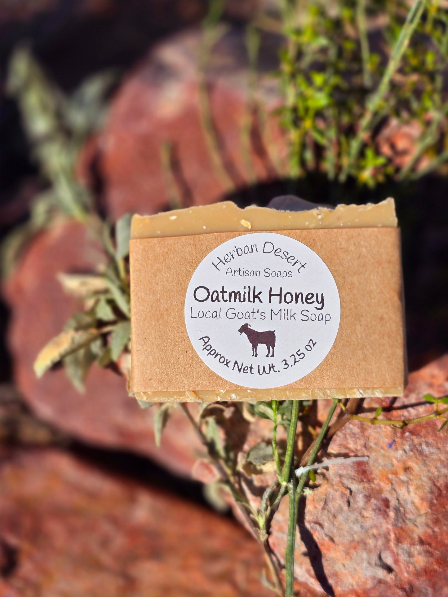 Handmade goat milk soap bar infused with oat milk and honey fragrance, crafted with grass-fed beef tallow, organic shea butter, and avocado oil for deep hydration and gentle cleansing.