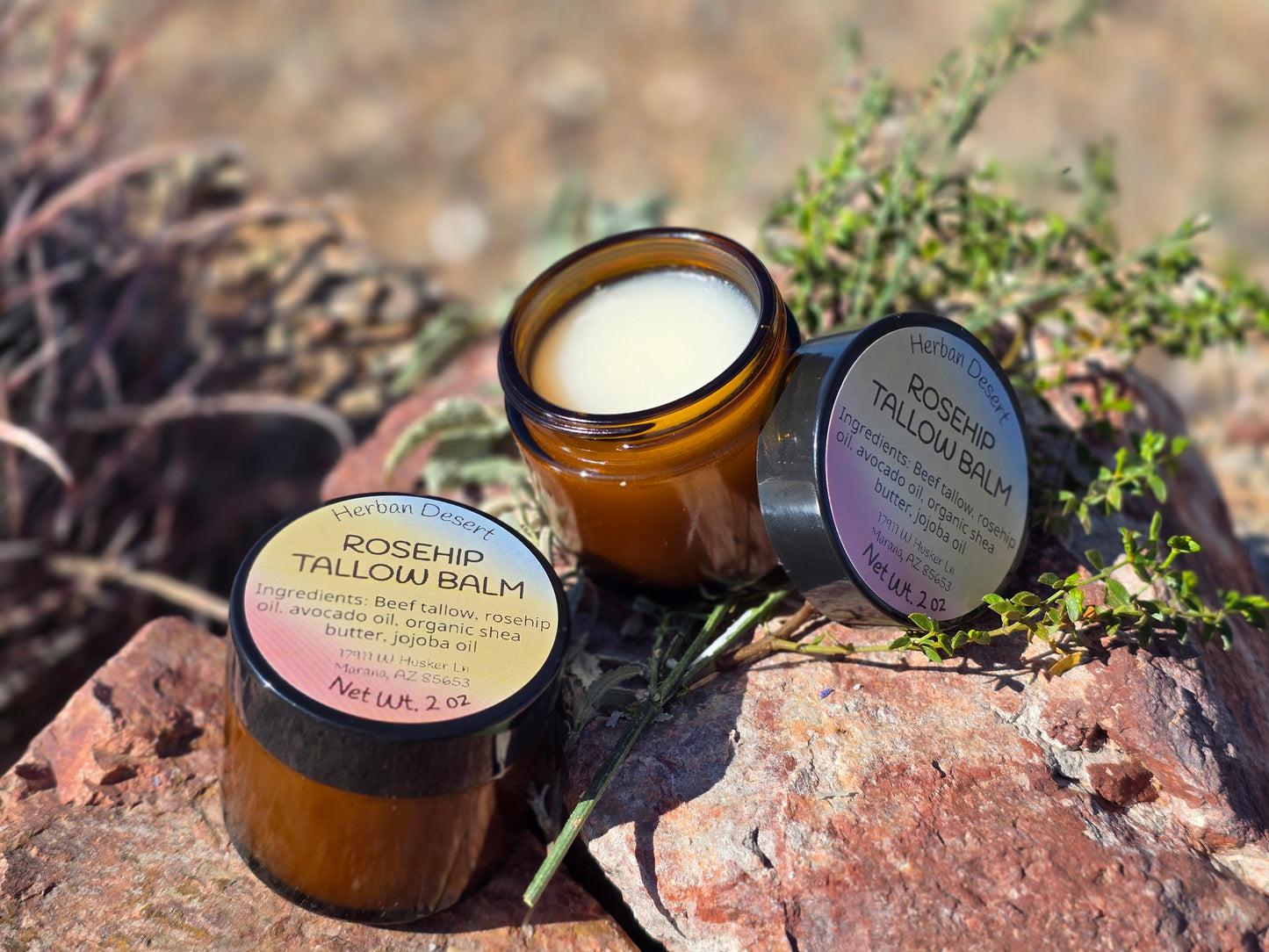 Nourishing beef tallow balm infused with natural ingredients like rosehip oil, designed to deeply hydrate and restore dry, damaged skin.