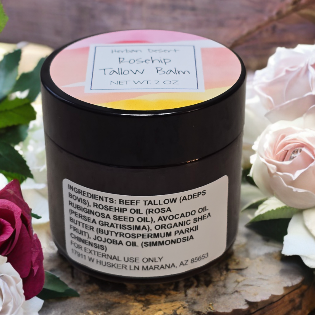 Rosehip Tallow Moisturizer jar with ingredients list on a wooden surface surrounded by roses