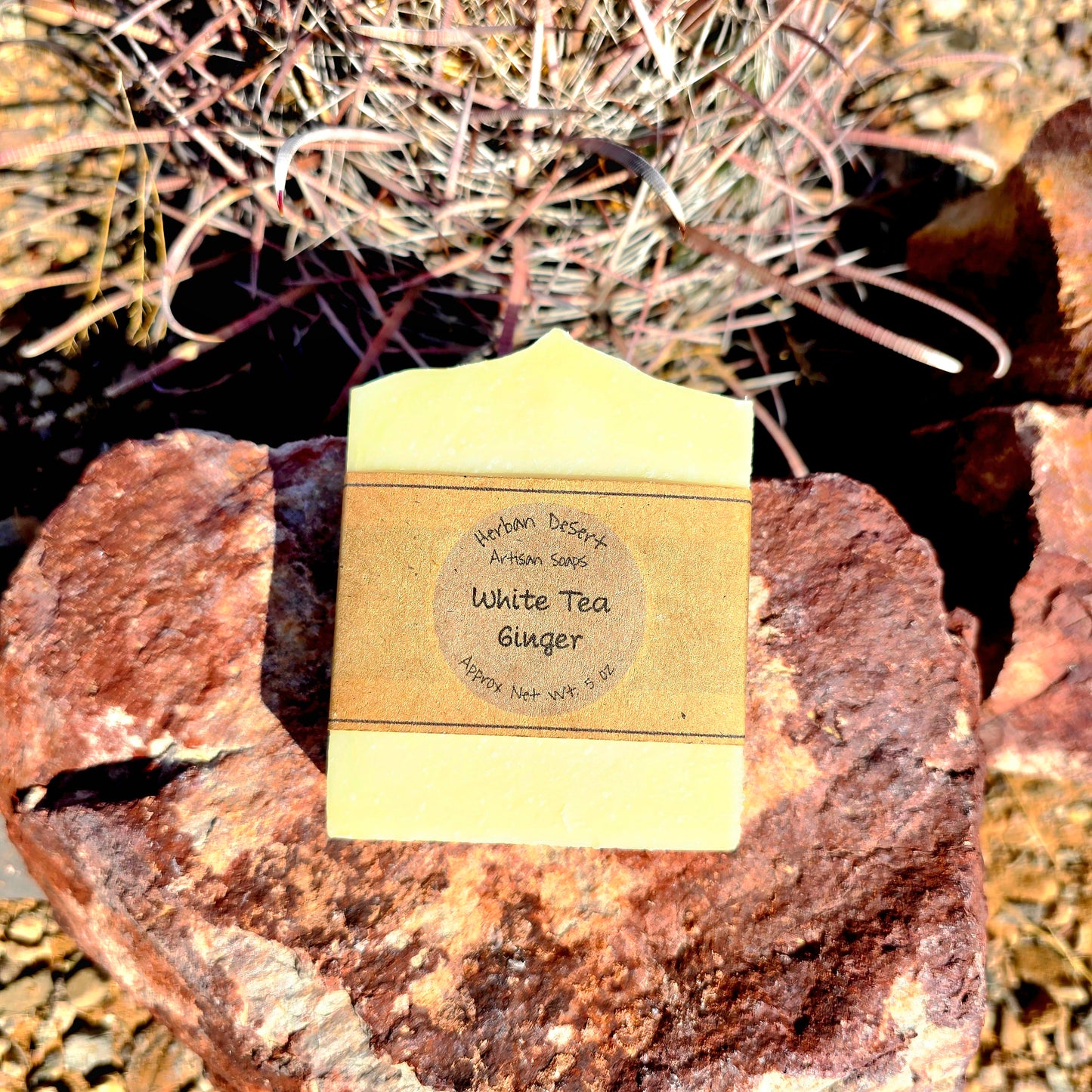 Handmade tallow soap bar infused with white tea and ginger fragrance, crafted with grass-fed beef tallow, olive oil, and shea butter for deep hydration and a creamy lather