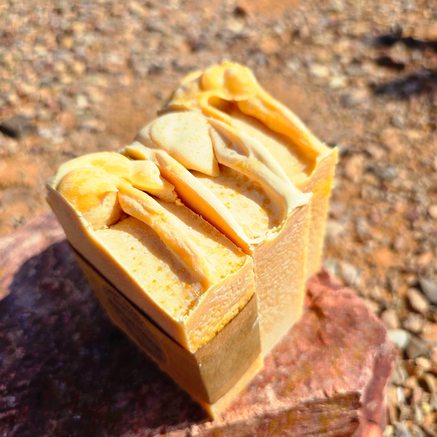 Handmade tallow soap bar featuring a papaya mango fragrance, crafted with grass-fed beef tallow, shea butter, and olive oil for deep hydration and gentle cleansing.