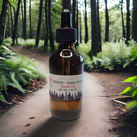 Bottle of Herban Desert's Fresh Cedar Pine Beard Oil in a forest setting