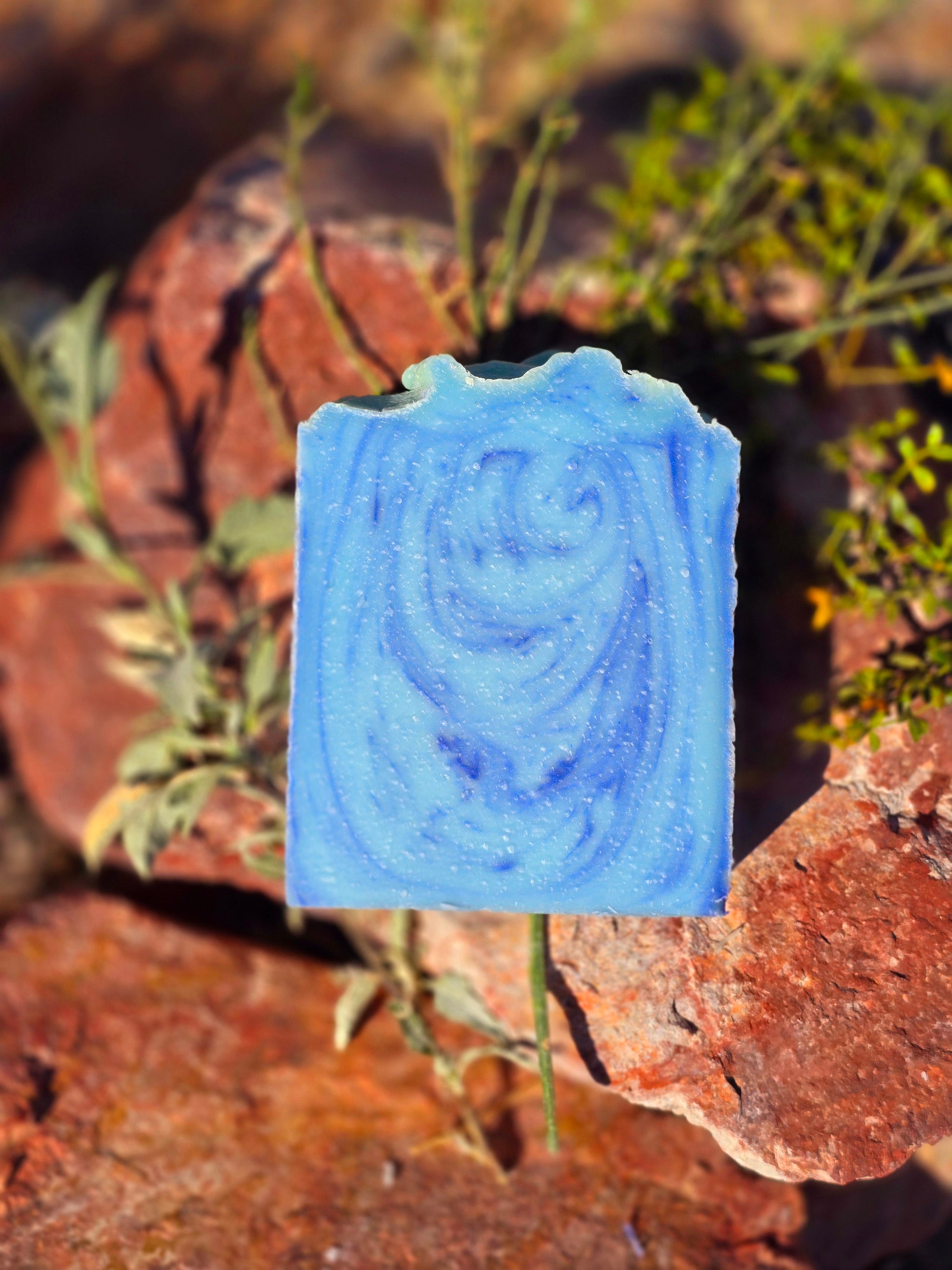 Handmade cool waters tallow soap bar featuring a refreshing aquatic fragrance and bright blue coloration, crafted with grass-fed beef tallow and nourishing oils for deep hydration