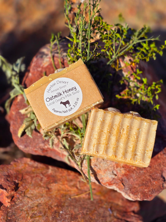 Handmade goat milk soap bar infused with oatmilk and honey fragrance, crafted with grass-fed beef tallow, organic shea butter, and avocado oil for deep hydration and gentle cleansing.