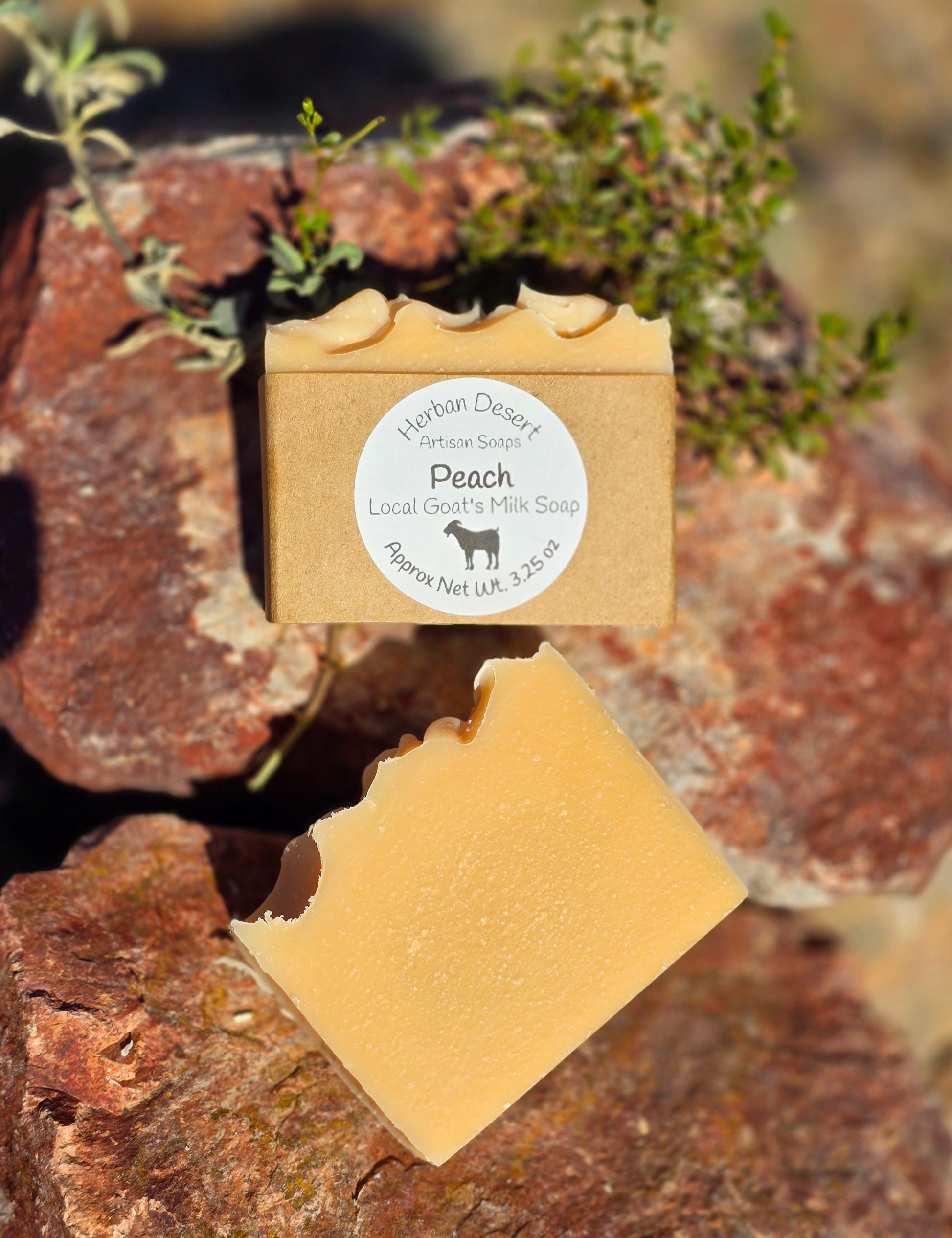 Handmade goat milk soap bar infused with peach fragrance, crafted with grass-fed beef tallow, organic shea butter, and avocado oil for deep hydration and gentle cleansing.