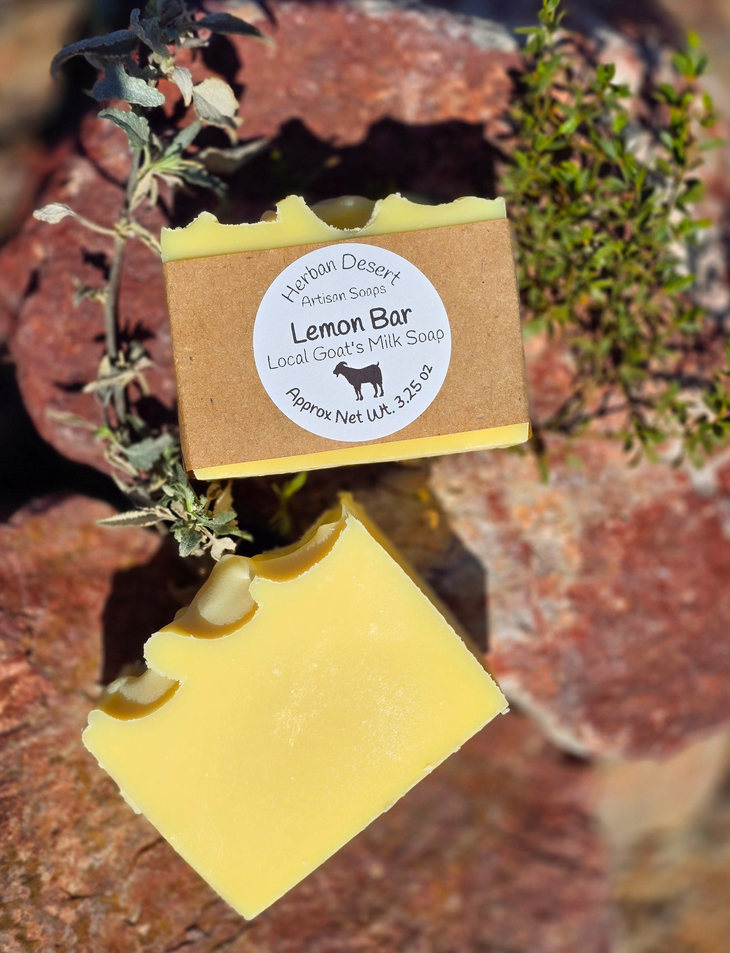 Handmade goat milk soap bar infused with lemon fragrance, crafted with grass-fed beef tallow, organic shea butter, and avocado oil for deep hydration and gentle cleansing.