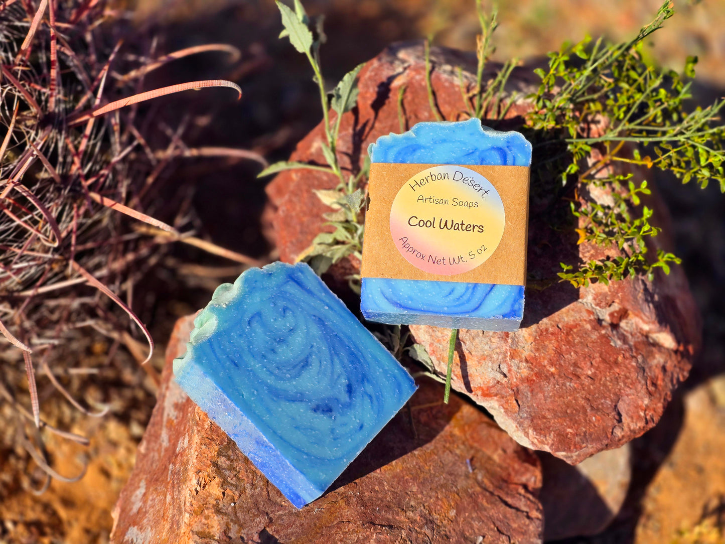 Handmade cool waters tallow soap bar featuring a refreshing aquatic fragrance and bright blue coloration, crafted with grass-fed beef tallow and nourishing oils for deep hydration