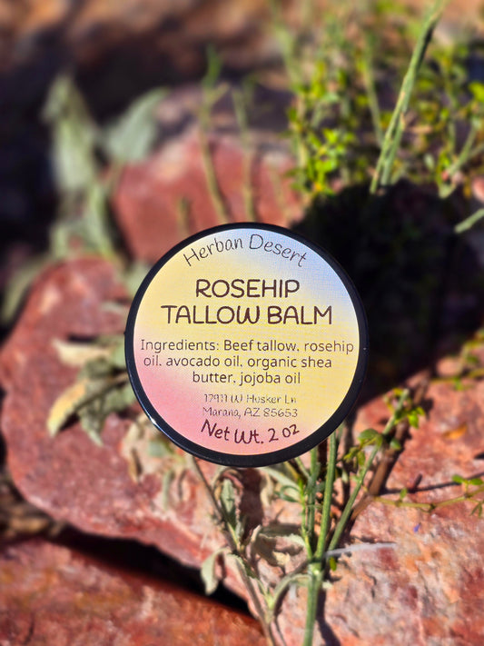 Nourishing beef tallow balm infused with natural ingredients like rosehip oil, designed to deeply hydrate and restore dry, damaged skin.